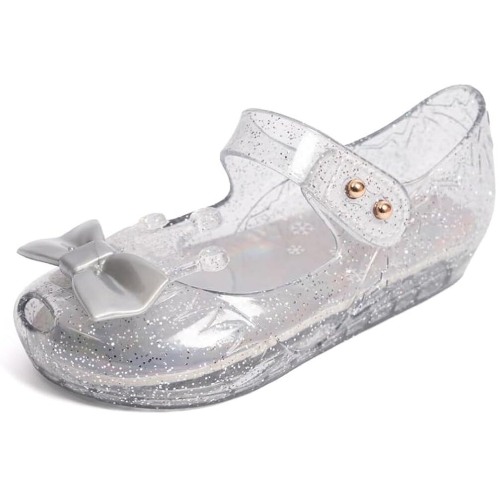 New Sz 29 (11.5) Kids Princess Jelly Glitter Shoes With Bow and Hook and Loop Cl
